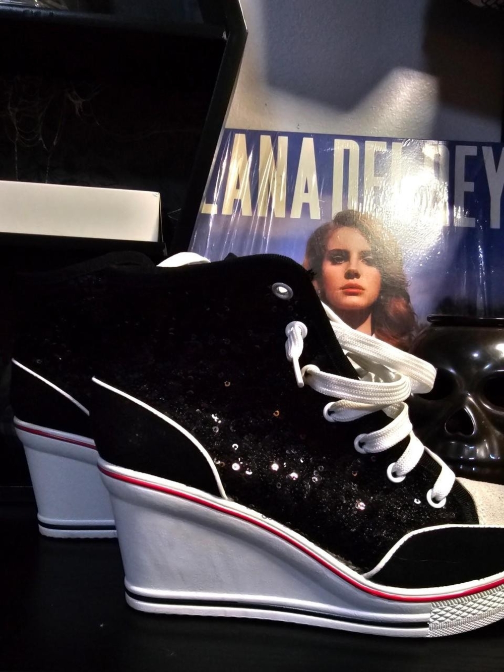 Women's Black Sequin Wedge Sneaker with White Laces